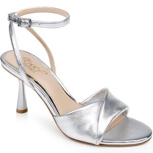Jewel Badgley Mischka Kaia Ankle Strap Silver Metallic Leather Sandal Heels